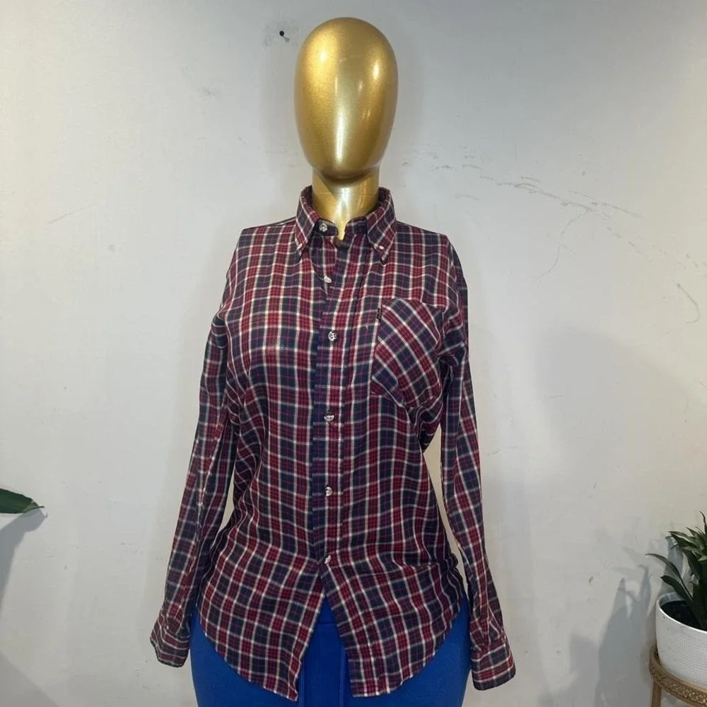 Vintage‎ 80s Levi's red & blue plaid button-up shirt mens SMALL